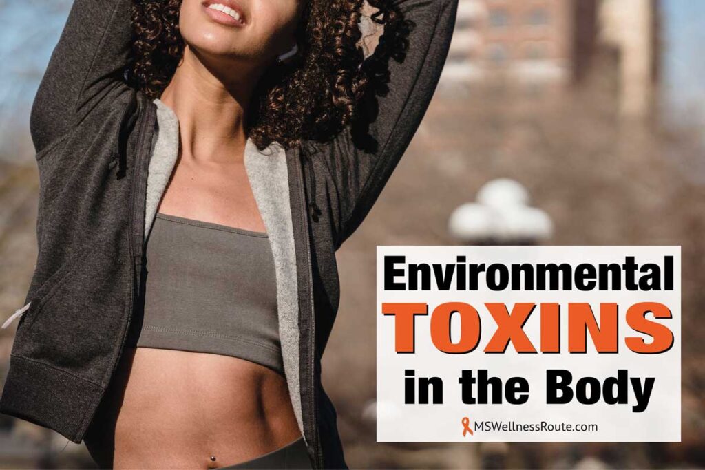 Young woman stretching showing stomach with overlay: Environmental Toxins in the Body