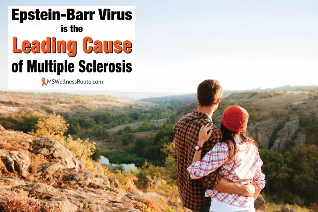 Young couple overlooking canyon with overlay: Epstein-Barr Virus is the Leading Cause of MS