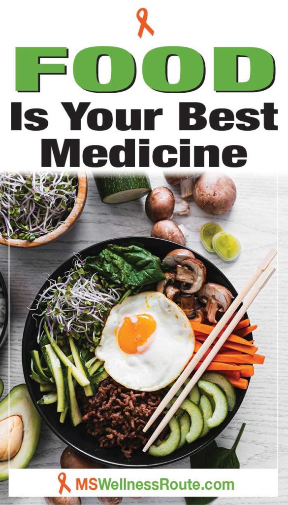 Bowl of veggies with egg and chopsticks with headline: Food Is Your Best Medicine