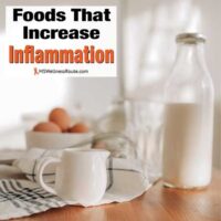 Bottle of milk, eggs, and coffee creamer mug with overlay: Foods That Increase Inflammation