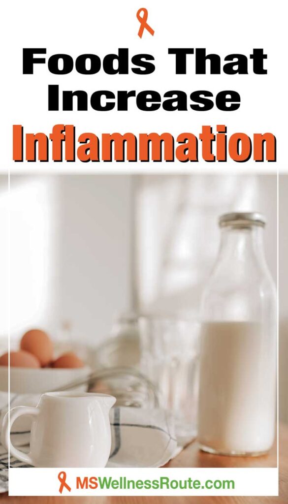 Bottle of milk, eggs, and coffee creamer mug with overlay: Foods That Increase Inflammation