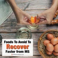 Woman baking cracking an egg with overlay: Foods To Avoid to Recover Faster from MS