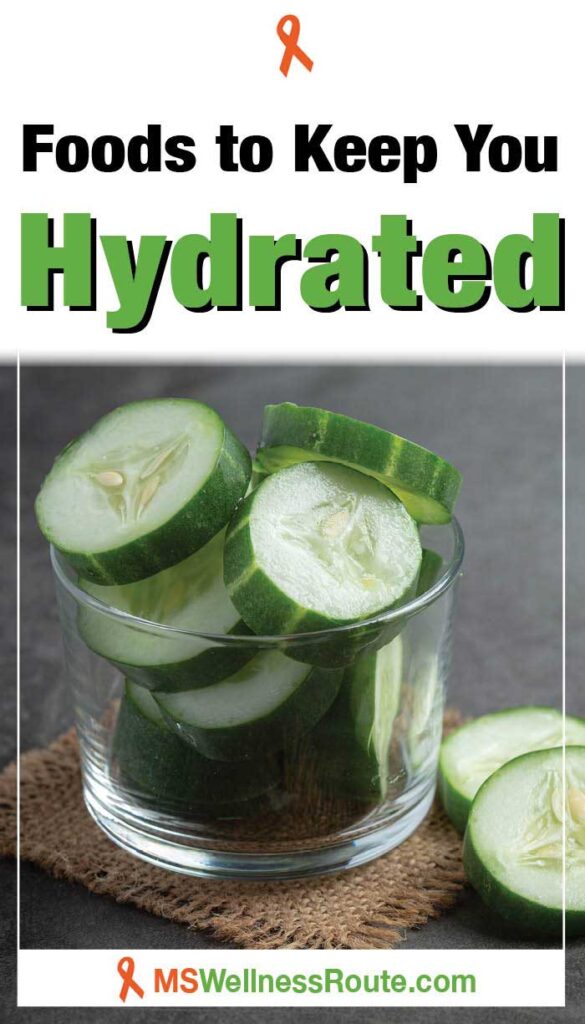 Fresh cucumbers sliced on dark background with headline: Foods to Keep You Hydrated.