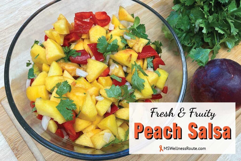 Bowl of peach salsa with overlay: Fresh and Fruity Peach Salsa.