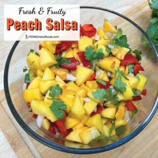 Bowl of peach salsa with overlay: Fresh and Fruity Peach Salsa.