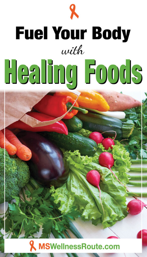 Groceries spilling out of a paper grocery bag with headline: Fuel Your Body With Healing Foods