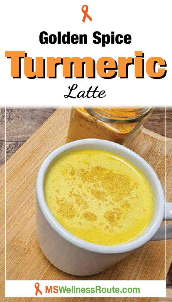 Cup of turmeric milk on cutting board with headline: Golden Spice Turmeric Latte