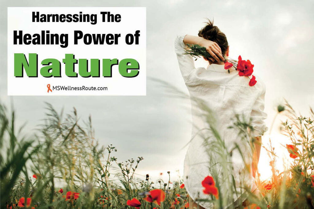 Woman holding a poppy flowers in a meadow with overlay: Harnessing The Healing Power of Nature