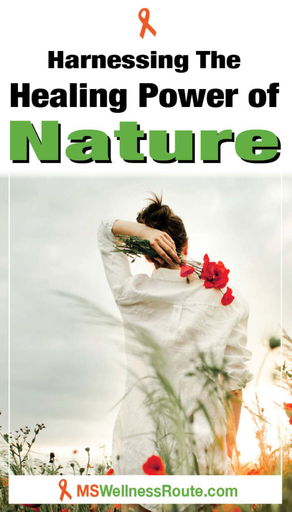 Woman holding a poppy flowers in a meadow with headline: Harnessing The Healing Power of Nature