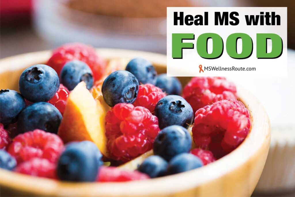 A bowl of berries with overlay: Heal MS with food