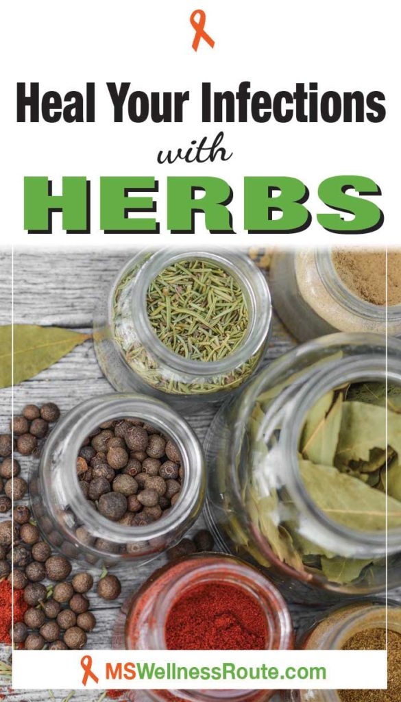Jars filled with herbs and header: Heal Your Infections with Herbs