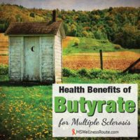 Outhouse in field with mountains with overlay: Health Benefits of Butyrate for MS