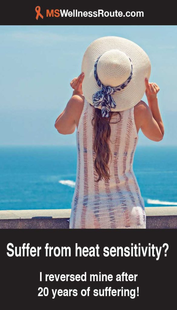 Pinterest pin of woman in the sun with text: Suffer from heat intolerance?