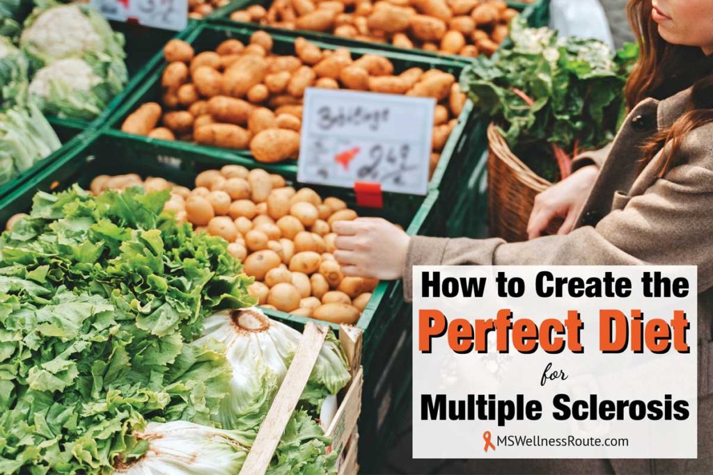 Woman shopping for veggies with overlay: How to Create the Perfect Diet for MS