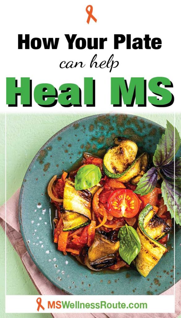 Roasted vegetables on a green plate with headline: How Your Plate Can Help Heal MS