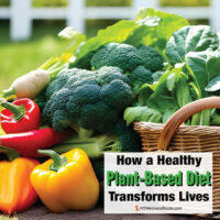 Wicker basket of vegetables with overlay: How a Healthy Plant-Based Diet Transforms Lives