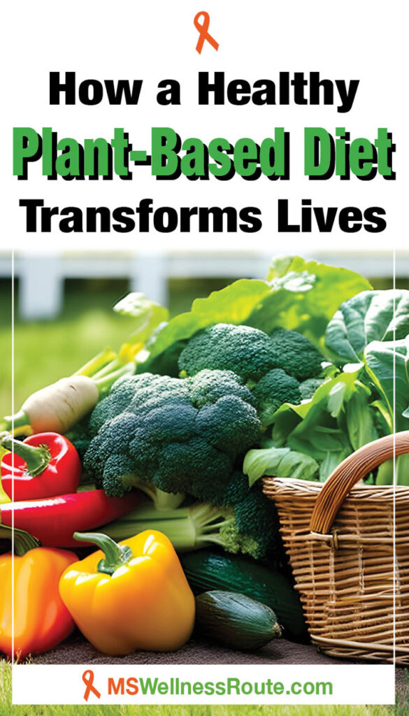 Wicker basket of vegetables with headline: How a Healthy Plant-Based Diet Transforms Lives