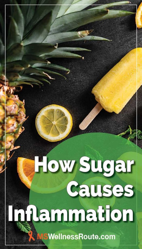 A Pinterest pin with fruit and popsicle with overlay: How Sugar Causes Inflammation