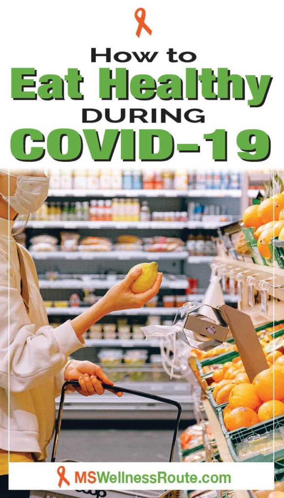 Pinterest pin of woman shopping with face mask and headline: How to Eat Healthy During COVID-19