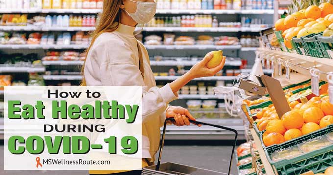 Woman shopping with face mask with overlay: How to Eat Healthy During COVID-19