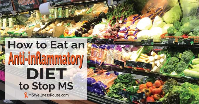 Organic produce at the grocery store with text overlay: How to Eat an Anti-inflammatory Diet to Stop MS