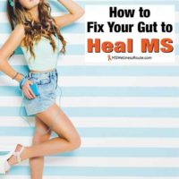 Young woman listening to music with overlay: How to Fix Your Gut to Heal MS