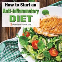 Dinner plate with salad and chicken with overlay: How to Start an Anti-inflammatory Diet