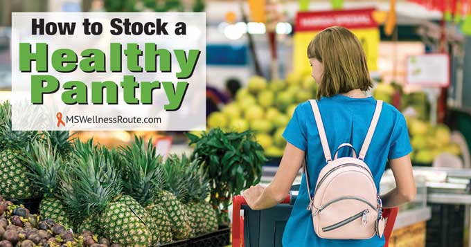 Woman grocery shopping with overlay: How to Stock a Healthy Pantry