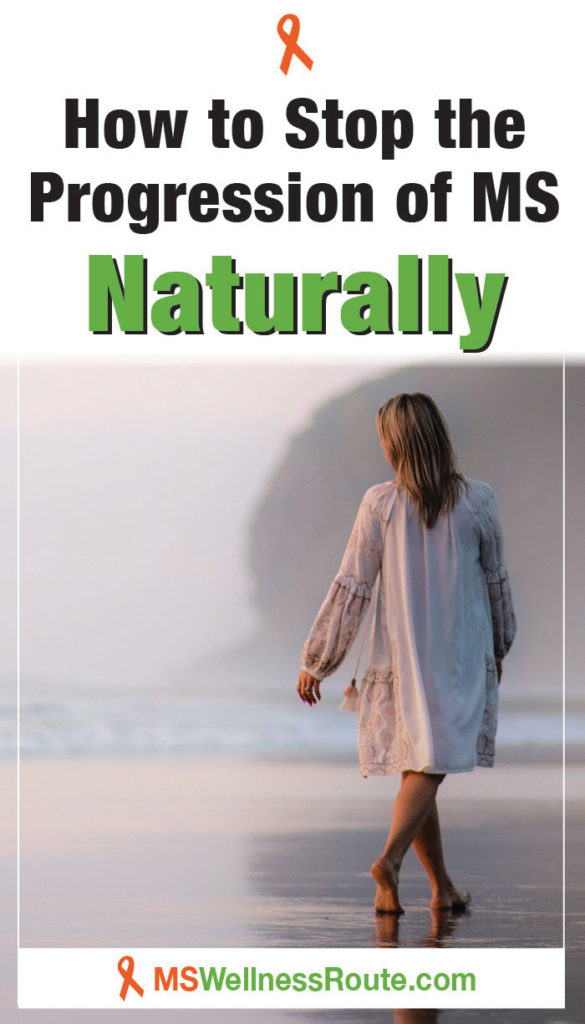 Woman walking on beach with headline: How to Stop the Progression of MS Naturally