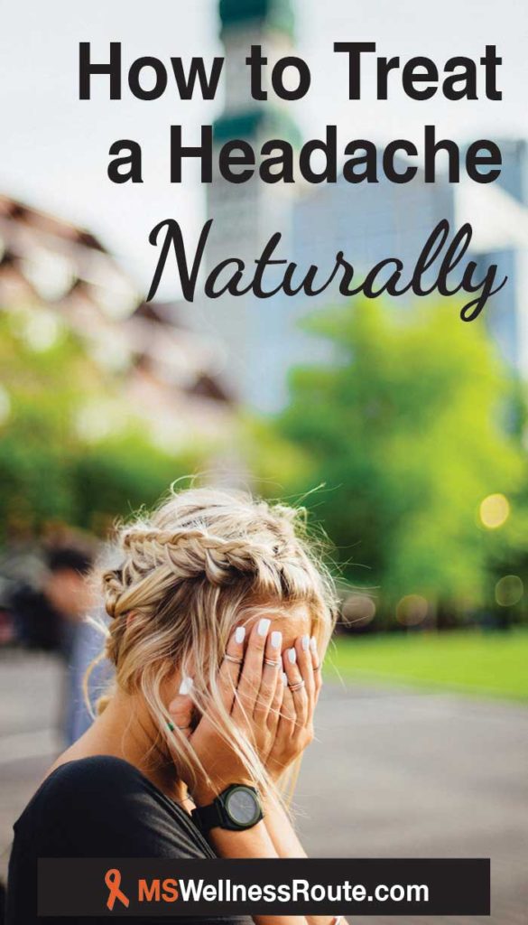 Woman in park covering her face with headline: How to treat a headache naturally.