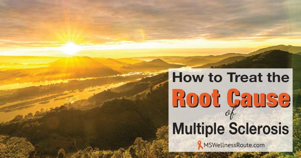 Sunrise over remote valley with overlay: How to Treat the Root Cause of MS