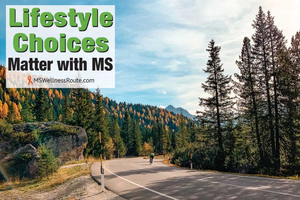 Cyclist on mountain road with overlay: Lifestyle Choices Matter with MS