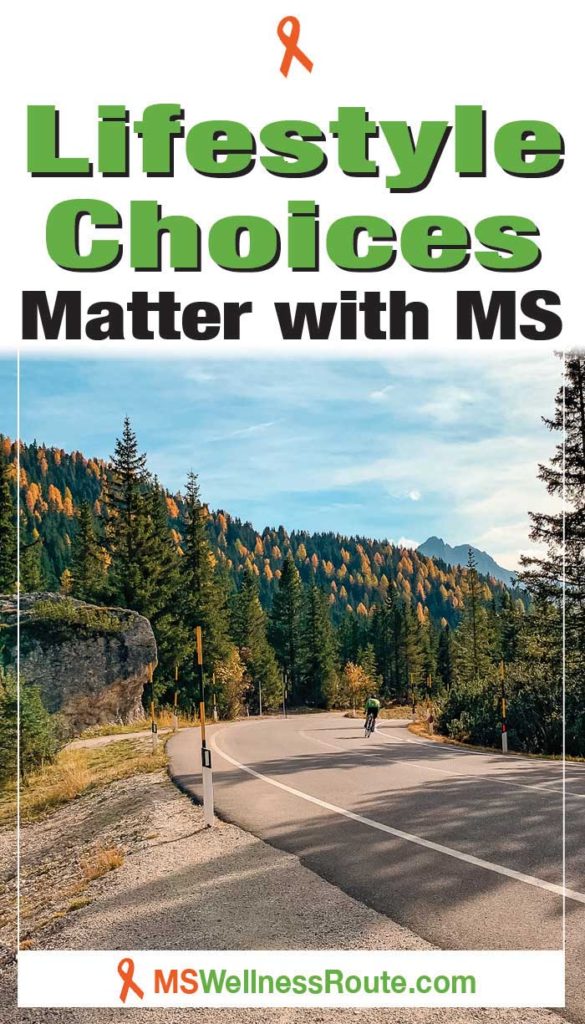 Cyclist on mountain road with headline: Lifestyle Choices Matter with MS