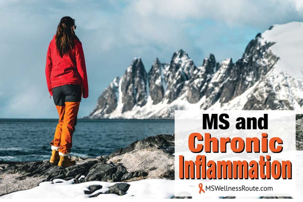 Woman standing near shore looking at snowing rocky mountains with overlay: MS and Chronic Inflammation