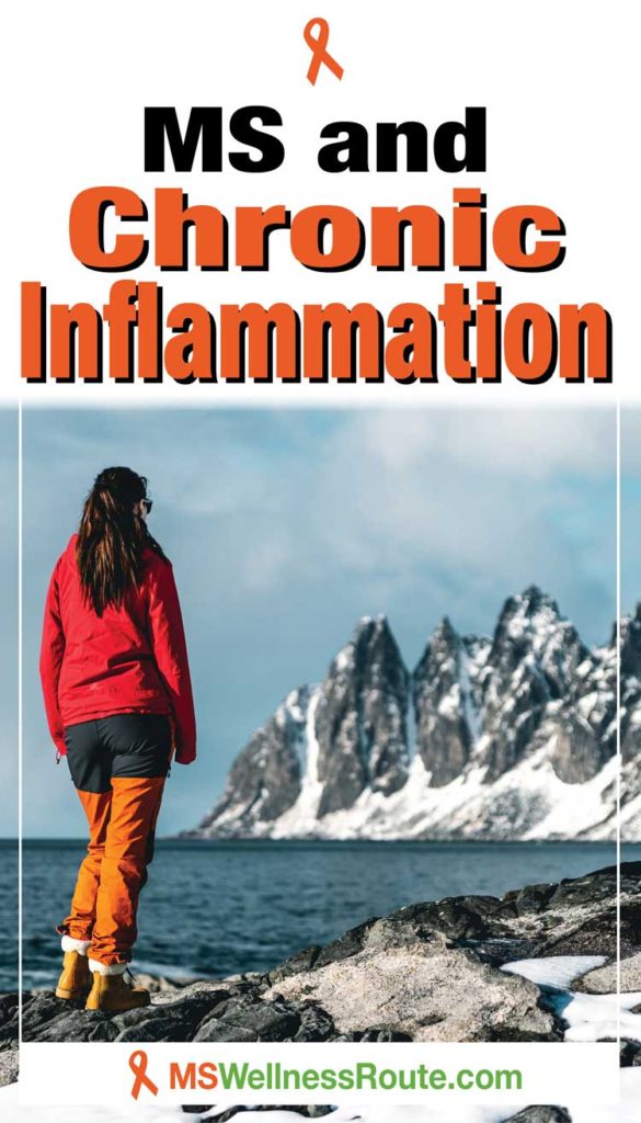 Woman standing near shore looking at snowing rocky mountains with overlay: MS and Chronic Inflammation