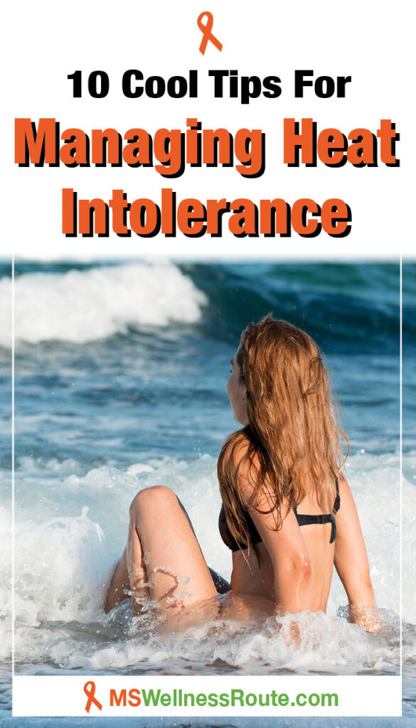 Young woman sitting on the beach with headline: 10 Cool Tips for Managing Heat Intolerance