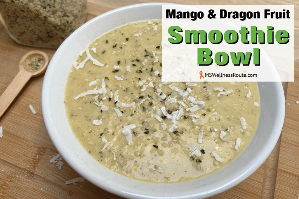 Smoothie bowl with coconut flakes and hemp seeds with overlay: Mano and Dragon Fruit Smoothie Bowl.