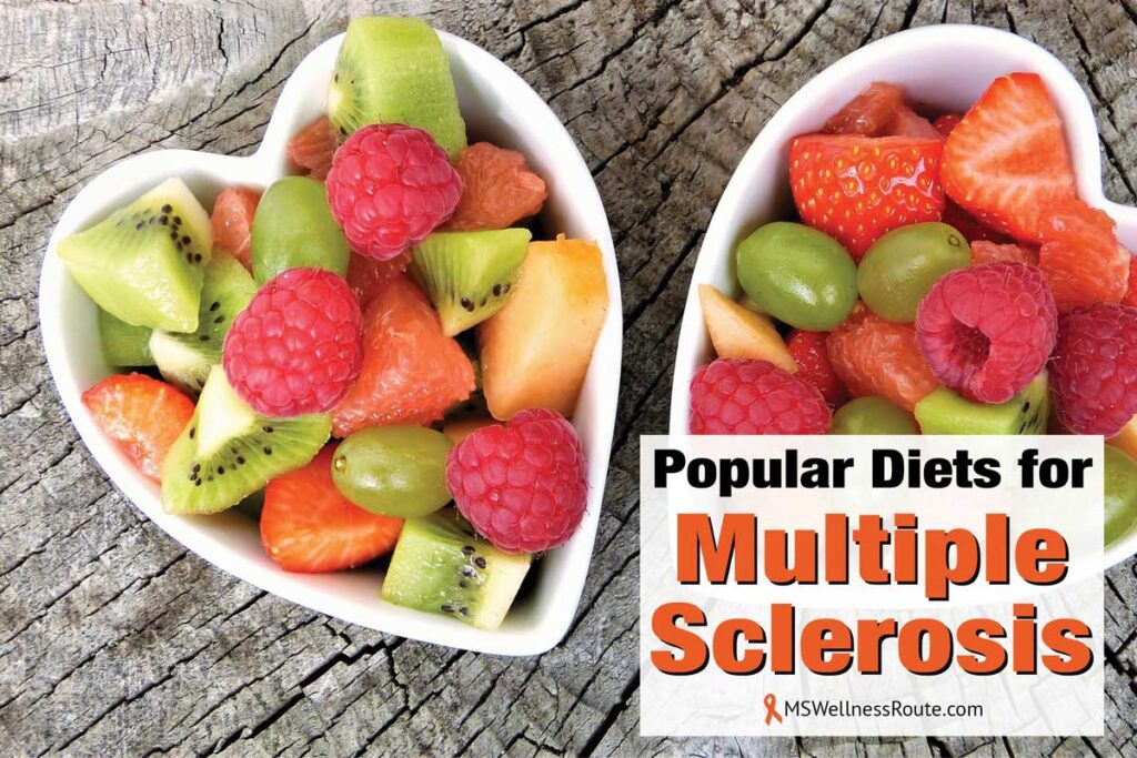 Two heart shaped bowls full of fruit with overlay: Popular Diets for MS