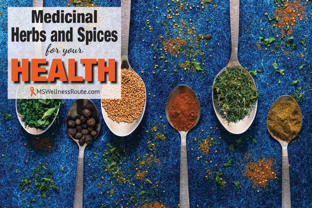 Spoons on blue table holding herbs with overlay: Medicinal Herbs and Spices for Your Health