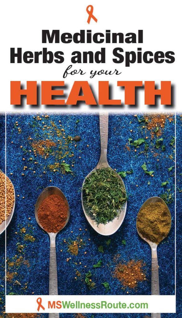 Spoons on blue table holding herbs with headline: Medicinal Herbs and Spices for Your Health