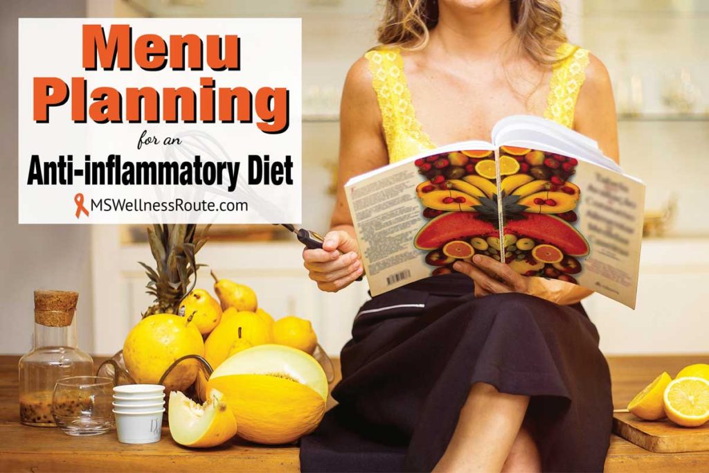 Young woman sitting on bench looking at a cookbook with overlay: Menu Planning for an Anti-inflammatory Diet