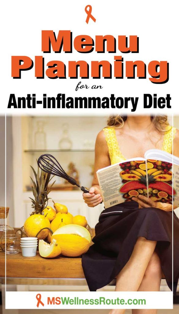 Young woman sitting on bench looking at a cookbook with overlay: Menu Planning for an Anti-inflammatory Diet