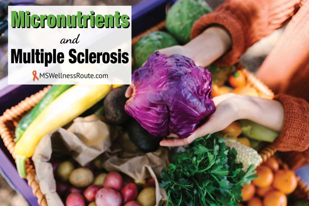 Woman holding red cabbage over basket of produce with overlay: Micronutrients and MS