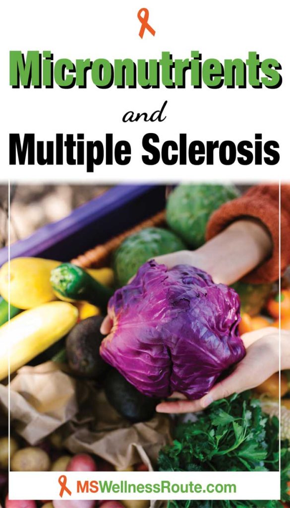 Woman holding red cabbage over basket of produce with headline: Micronutrients and MS