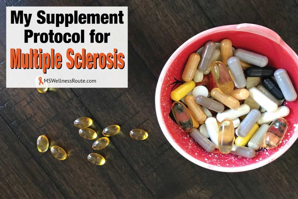 Small dish full of supplements with overlay: My Supplement Protocol for MS