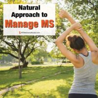 Young woman stretching in park with overlay: Natural Approach to Manage MS