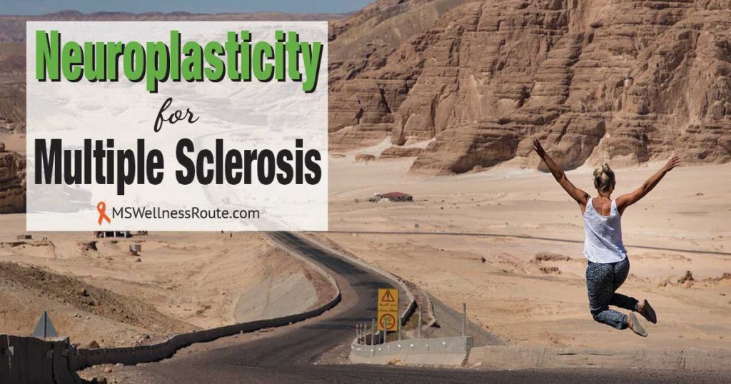 Woman in desert jumping with overlay: Neuroplasticity for MS