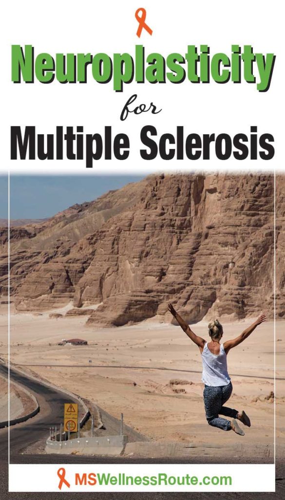 Woman in desert jumping with headline: Neuroplasticity for Multiple Sclerosis.