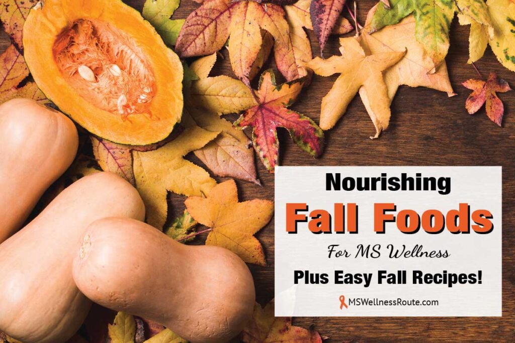 Butternut squash and fall leaves with overlay: Nourishing Fall Foods + Recipes