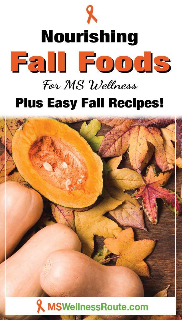 Butternut squash and fall leaves with headline: Nourishing Fall Foods + Recipes